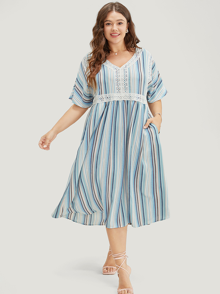 

Plus Size Striped Contrast Pocket Lace Batwing Sleeve Midi Dress Blue Women Vacation Patchwork V-neck Short sleeve Curvy Midi Dress BloomChic