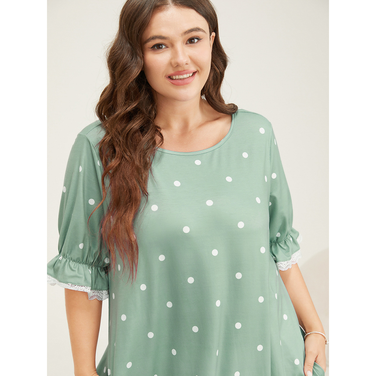 Plus Size Polka Dot Lace Ruffle Trim Pocket Sleep Dress Women Sage Elegant Polka Dot Lace Round Neck Pocket Loungewear BloomChic