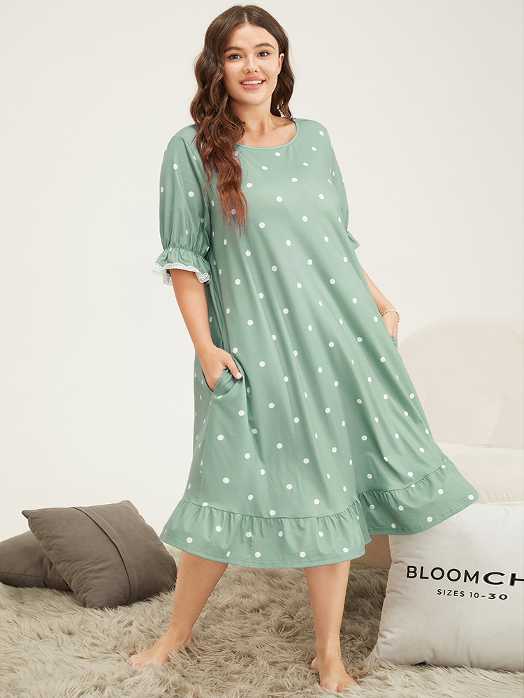 

Plus Size Polka Dot Lace Ruffle Trim Pocket Sleep Dress Women Sage Elegant Polka Dot Lace Round Neck Pocket Loungewear BloomChic