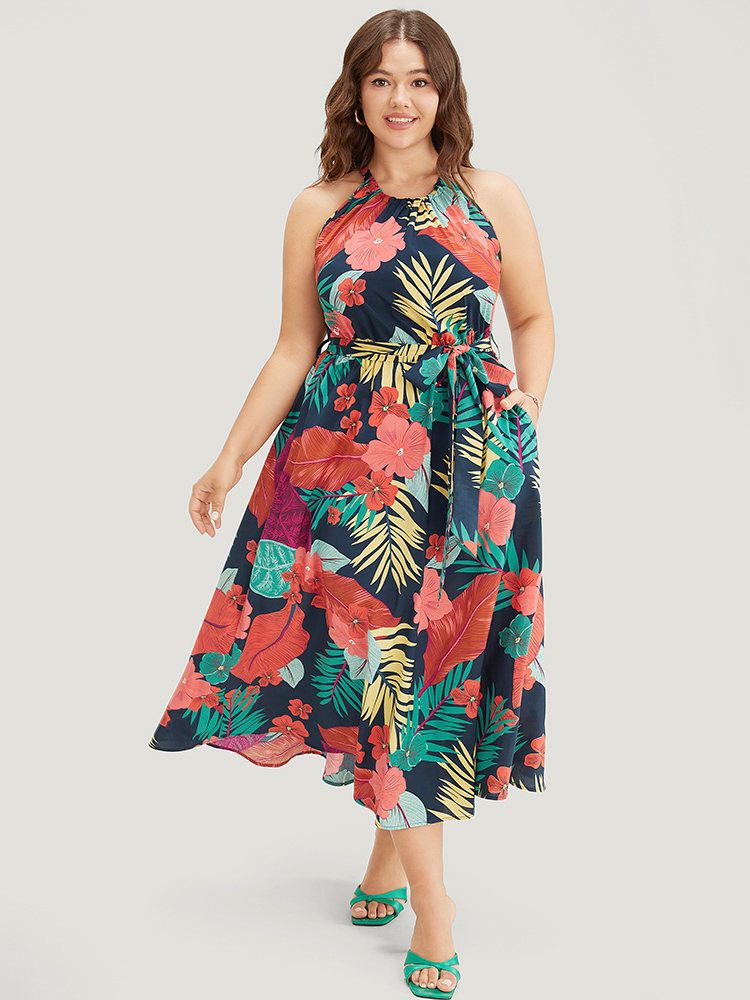 

Plus Size Tropical Print Ruffle Hem Pocket Belt Knotted Halter Dress DarkBlue Women Vacation Cross straps Halter neck Sleeveless Curvy Midi Dress BloomChic