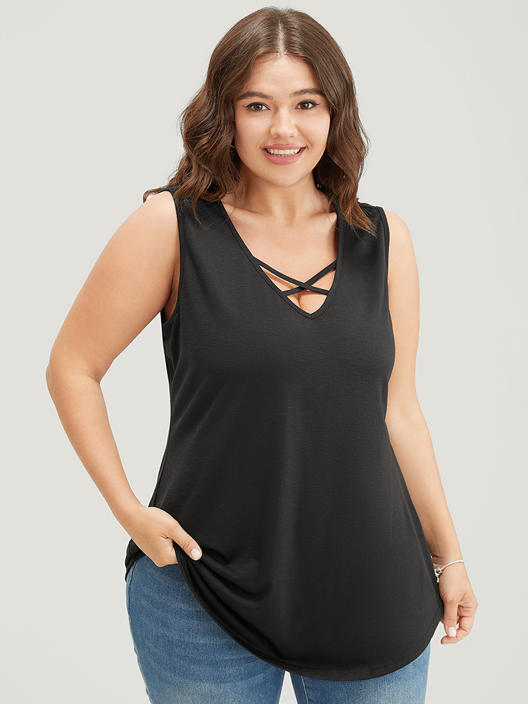 

Plus Size Plain Crisscross Deep V Neck Tank Top Women Black Casual Deep V-neck Dailywear Tank Tops Camis BloomChic