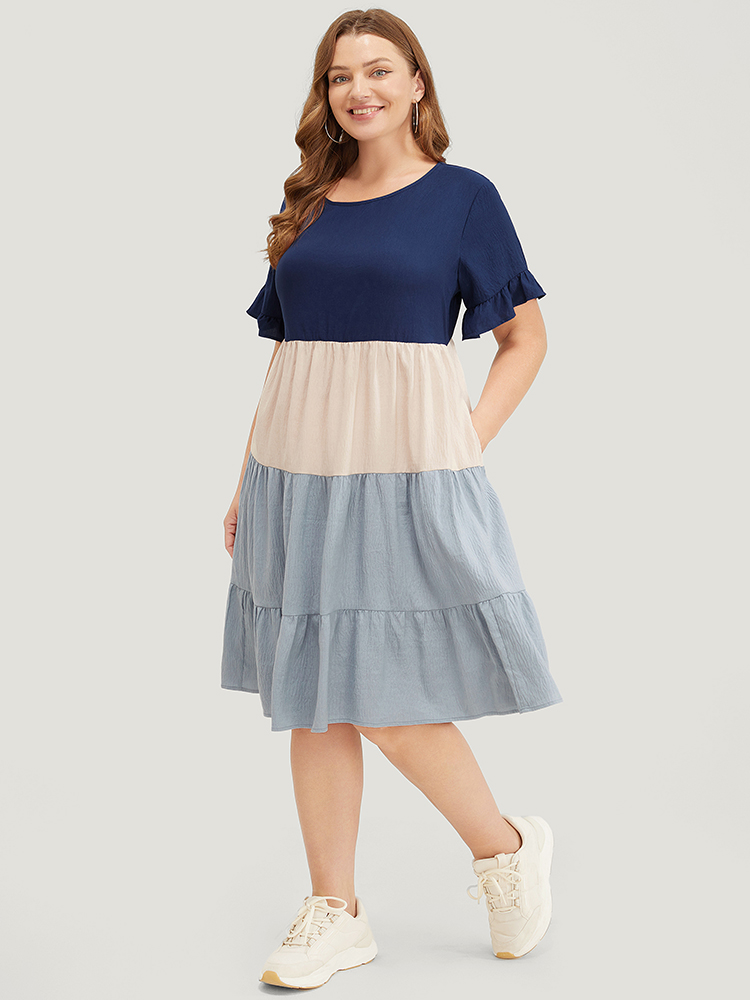 

Plus Size Colorblock Contrast Ruffle Tiered Pocket Flutter Sleeve Dress Multicolor Women Basics Patchwork Round Neck Short sleeve Curvy Midi Dress BloomChic