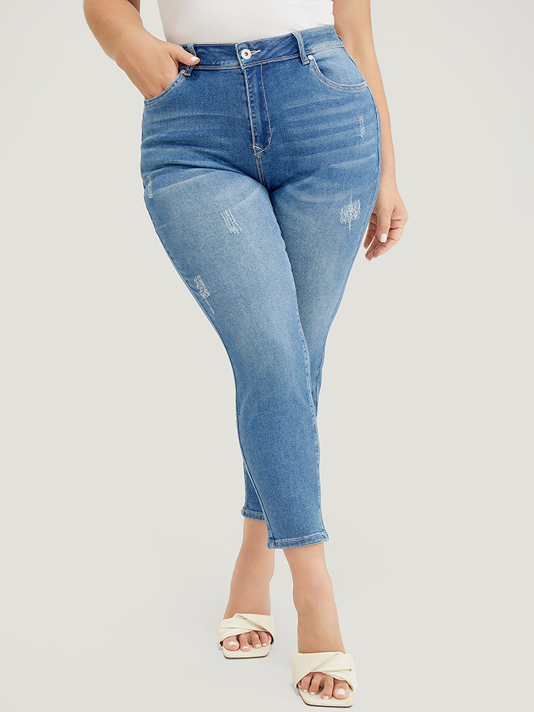 

Plus Size Moderately Stretchy High Rise Dark Wash Cropped Jeans Women DarkBlue Casual Plain Medium stretch Pocket Jeans BloomChic