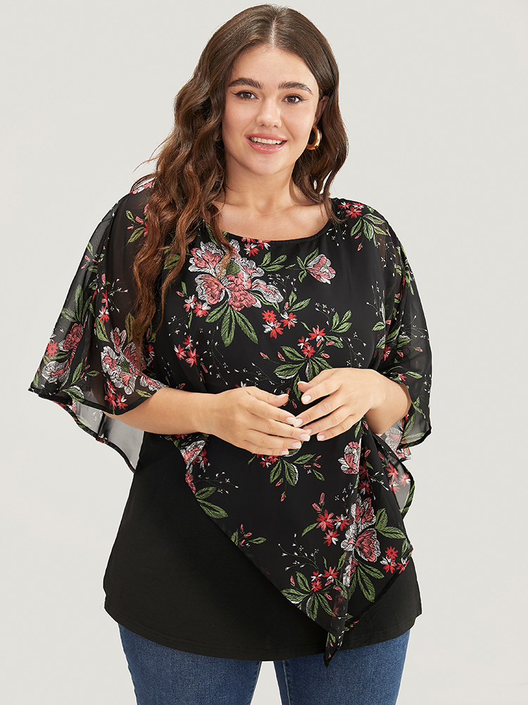 

Plus Size Floral Print Mesh Ruffle Sleeve T-shirt Black Women Elegant Floral Round Neck Dailywear T-shirts BloomChic