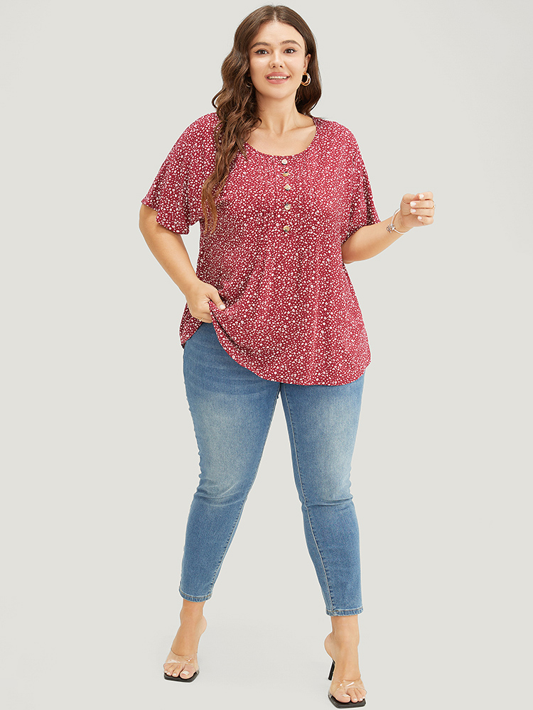 

Plus Size Burgundy Ditsy Floral Pleated Front Button Detail Blouse Women Elegant Short sleeve Round Neck Dailywear Blouses BloomChic