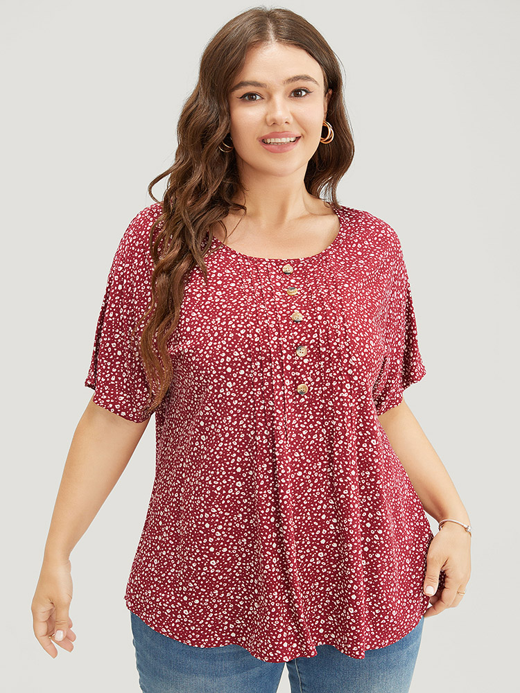 Plus Size Burgundy Ditsy Floral Pleated Front Button Detail Blouse Women Elegant Short sleeve Round Neck Dailywear Blouses BloomChic 26/4X 