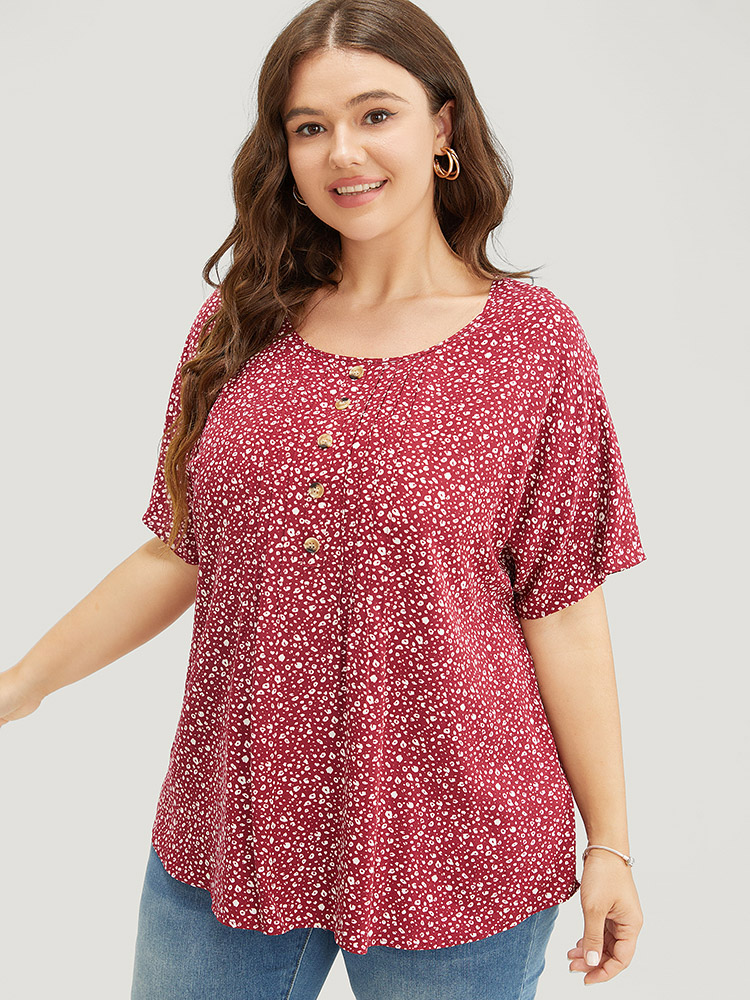 Plus Size Burgundy Ditsy Floral Pleated Front Button Detail Blouse Women Elegant Short sleeve Round Neck Dailywear Blouses BloomChic 26/4X 