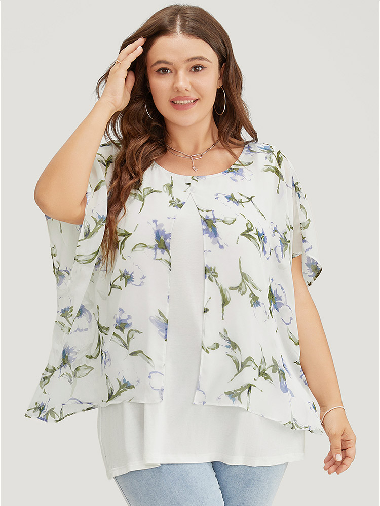 

Floral Chiffon Patchwork Split Front T-shirt, White