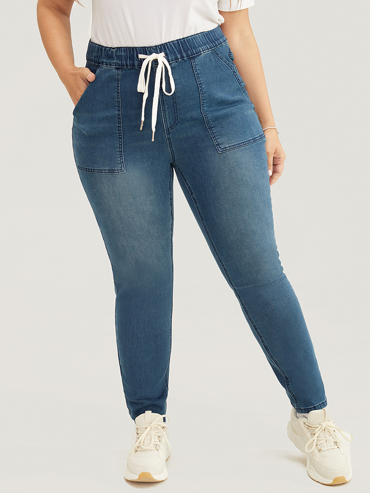 

Plus Size Slightly Stretchy High Rise Dark Wash Drawstring Jeans Women DarkBlue Casual Plain Pocket Low stretch Pocket Jeans BloomChic