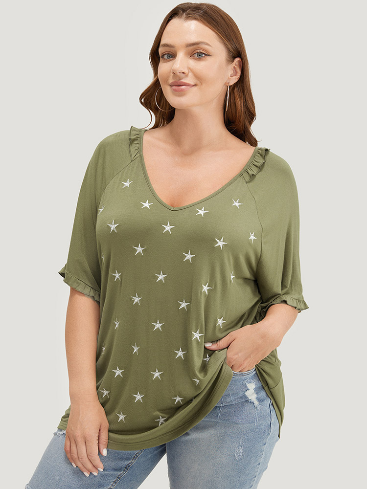 

Plus Size Star Embroidered Ruffle Trim Raglan Sleeve T-shirt Sage Women Elegant Frill Trim Moon and Star V-neck Dailywear T-shirts BloomChic