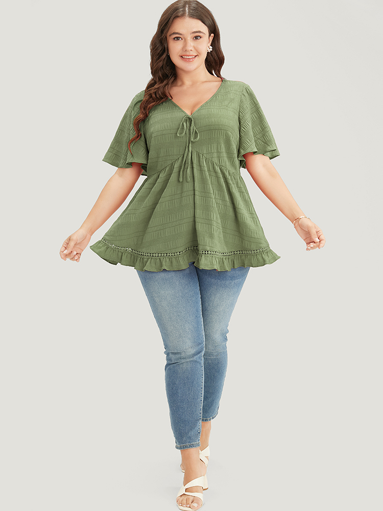 

Plus Size Mint Solid Textured Knot Lace Ruffle Trim Blouse Women Elegant Short sleeve V-neck Dailywear Blouses BloomChic