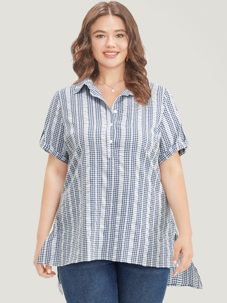 Plus Size Women Work Gingham Button Regular Sleeve Short sleeve Shirt collar Office Blouses BloomChic 
