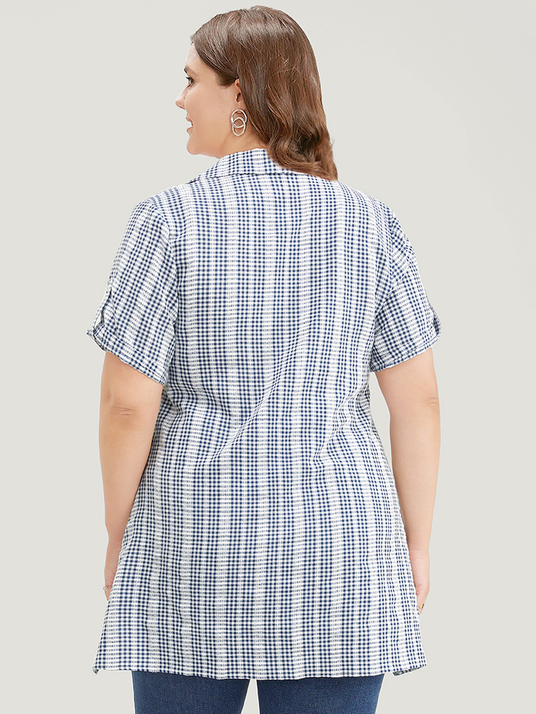 Plus Size Women Work Gingham Button Regular Sleeve Short sleeve Shirt collar Office Blouses BloomChic 