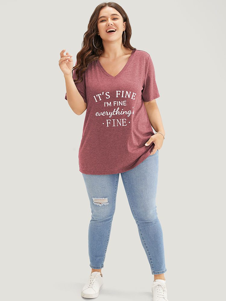 

Plus Size Letter Print V Neck T-shirt Russet Women Casual Positive slogan Round Neck Dailywear T-shirts BloomChic