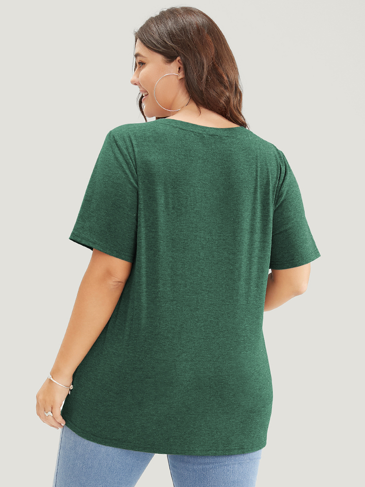

Plus Size Letter Print V Neck T-shirt Emerald Women Casual Positive slogan Round Neck Dailywear T-shirts BloomChic