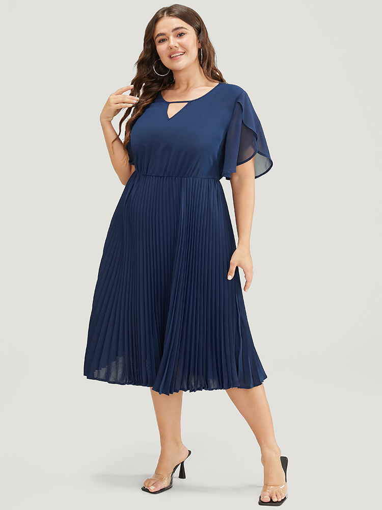 

Plus Size Solid Keyhole Split Chiffon Petal Sleeve Pleated Hem Dress Navy Women Office Plain V-neck Short sleeve Curvy Midi Dress BloomChic