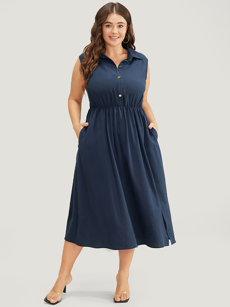

Plus Size Solid Shirt Collar Sleeveless Pocket Button Up Split Hem Dress Indigo Women Office Button Shirt collar Sleeveless Curvy Midi Dress BloomChic