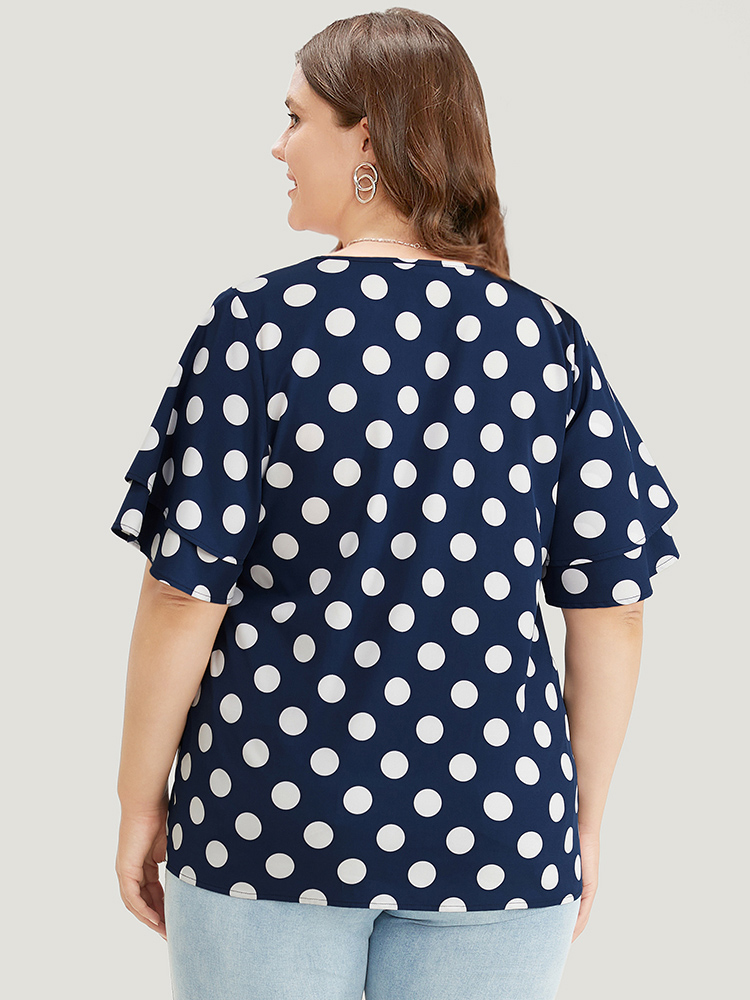 Plus Size Indigo Polka Dot Ruffle Tiered Sleeve Blouse Women Office Short sleeve Round Neck Work Blouses BloomChic 12/L 