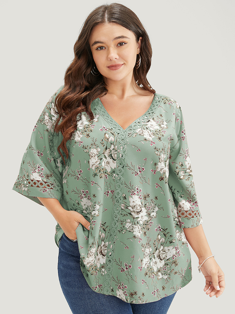 

Plus Size Mint Floral Flounce Sleeve Crochet Lace Blouse Women Elegant Elbow-length sleeve V-neck Dailywear Blouses BloomChic