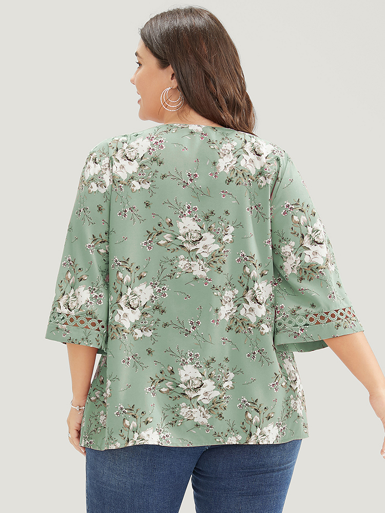 Plus Size Mint Floral Flounce Sleeve Crochet Lace Blouse Women Elegant Elbow-length sleeve V-neck Dailywear Blouses BloomChic 22-24/3X 