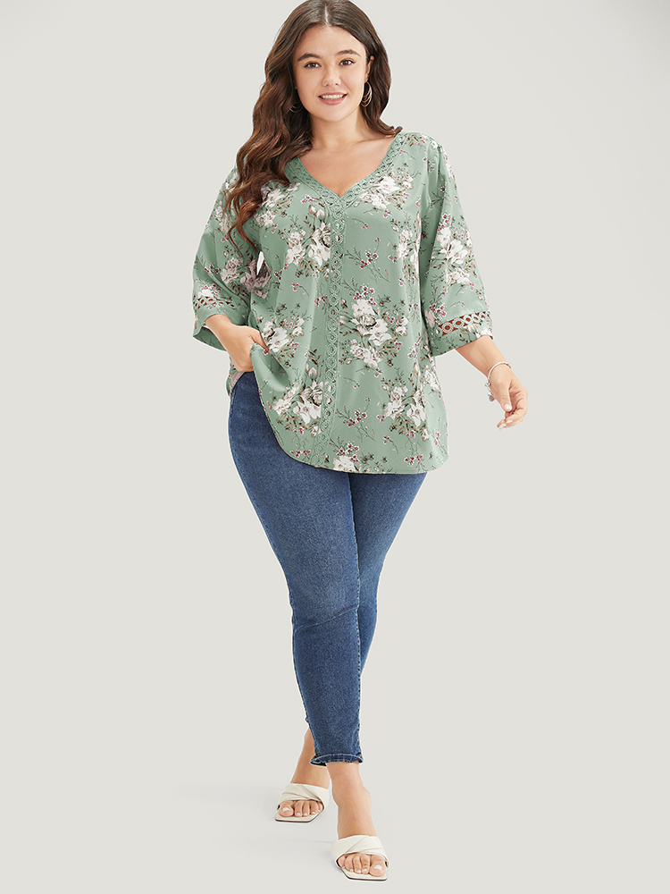 Plus Size Mint Floral Flounce Sleeve Crochet Lace Blouse Women Elegant Elbow-length sleeve V-neck Dailywear Blouses BloomChic 22-24/3X 
