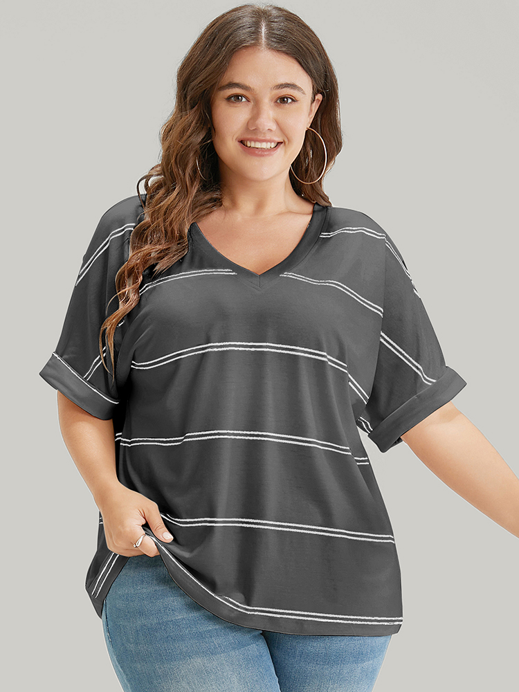 

Plus Size Striped Contrast Dolman Sleeve T-shirt DimGray Women Casual Striped V-neck Everyday T-shirts BloomChic