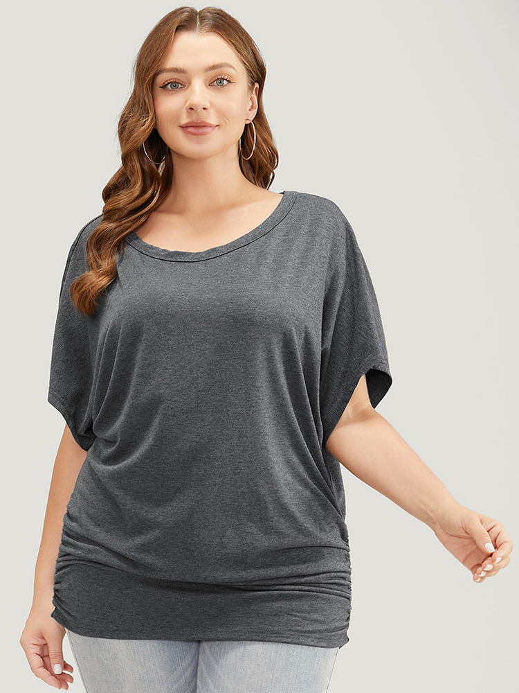 

Plus Size Solid Batwing Sleeve Ruched Hem T-shirt DimGray Women Casual Ruched Plain Round Neck Dailywear T-shirts BloomChic