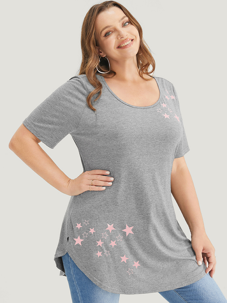 

Plus Size Star Print Split Arc Hem T-shirt Silver Women Casual Star and moon Round Neck Dailywear T-shirts BloomChic