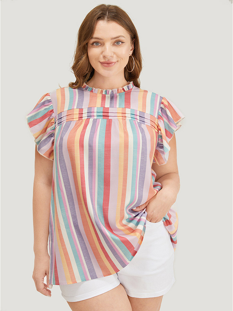 

Plus Size Multicolor Striped Contrast Pleated Cap Sleeve Keyhole Frill Trim Blouse Women Vacation Cap Sleeve Mock Neck Dailywear Blouses BloomChic