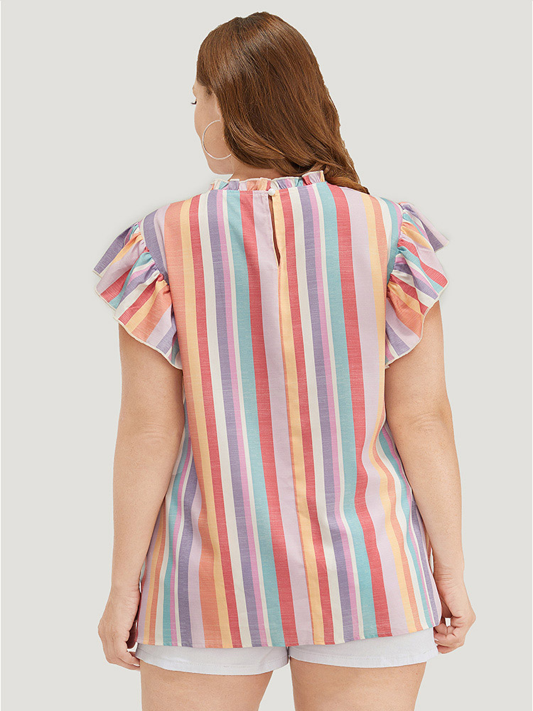 Plus Size Multicolor Striped Contrast Pleated Cap Sleeve Keyhole Frill Trim Blouse Women Vacation Cap Sleeve Mock Neck Dailywear Blouses BloomChic 28/5X 