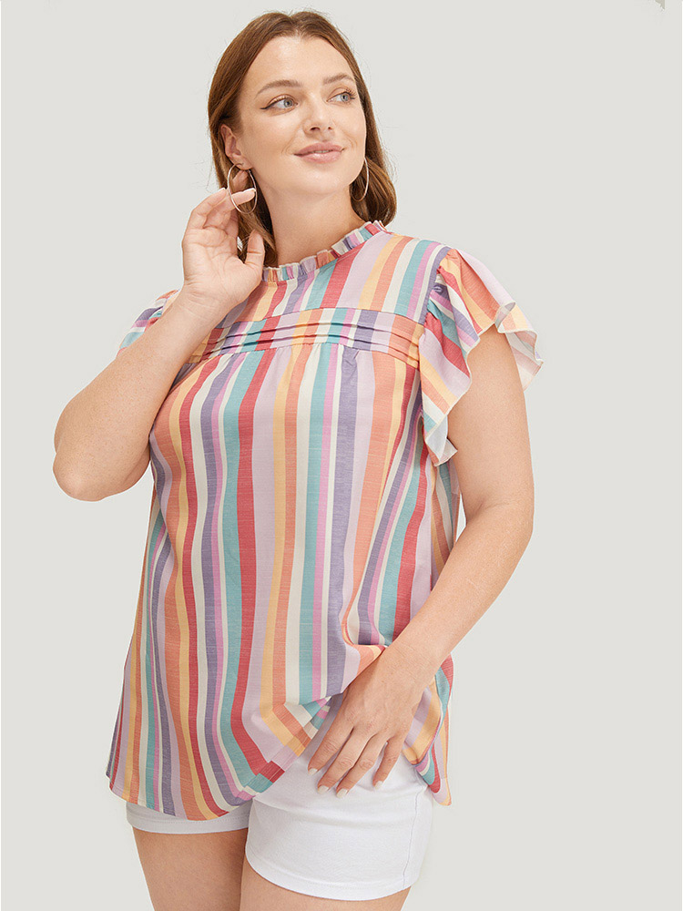 Plus Size Multicolor Striped Contrast Pleated Cap Sleeve Keyhole Frill Trim Blouse Women Vacation Cap Sleeve Mock Neck Dailywear Blouses BloomChic 28/5X 