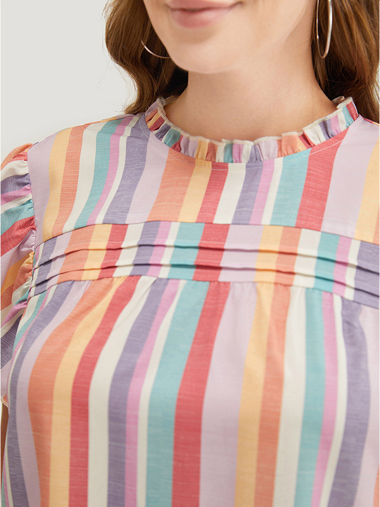 Plus Size Multicolor Striped Contrast Pleated Cap Sleeve Keyhole Frill Trim Blouse Women Vacation Cap Sleeve Mock Neck Dailywear Blouses BloomChic 28/5X 
