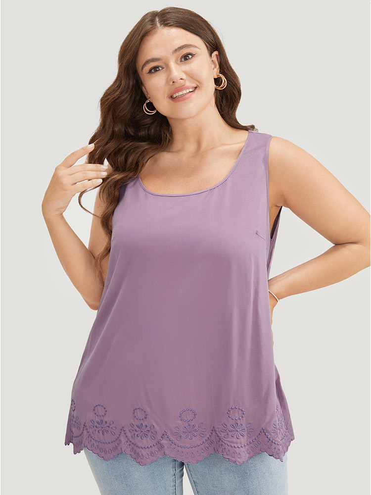 

Plus Size Plain Embroidered Scalloped Trim Tank Top Women Mauve Elegant Embroidered Round Neck Dailywear Tank Tops Camis BloomChic