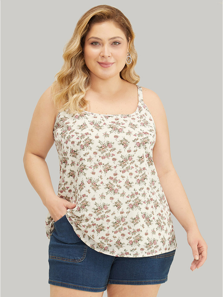 

Plus Size Ditsy Floral Adjustable Straps Scoop Neck Cami Top Women Ivory Elegant Adjustable Straps Spaghetti Strap Dailywear Tank Tops Camis BloomChic