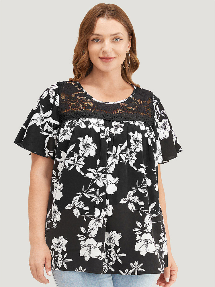 Plus Size Women Dailywear Plants Printed Regular Sleeve Short sleeve Round Neck Elegant Blouses BloomChic 