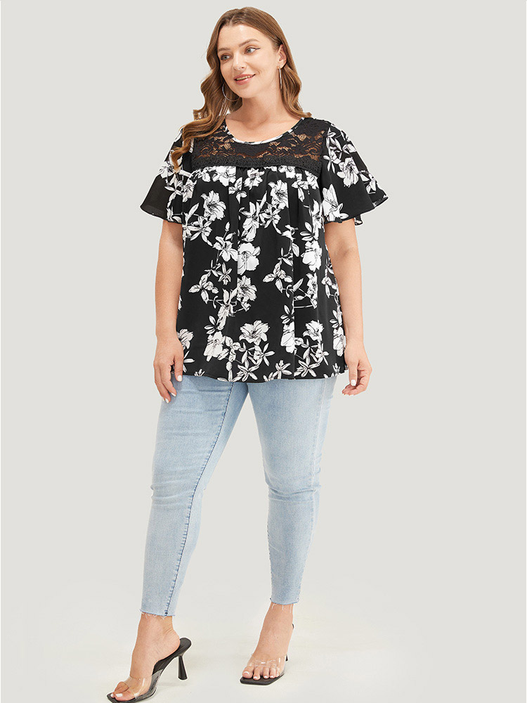Plus Size Women Dailywear Plants Printed Regular Sleeve Short sleeve Round Neck Elegant Blouses BloomChic 