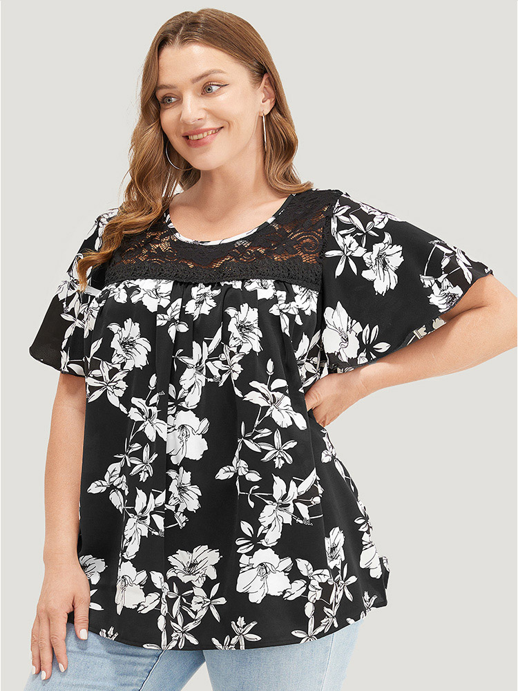 Plus Size Women Dailywear Plants Printed Regular Sleeve Short sleeve Round Neck Elegant Blouses BloomChic 