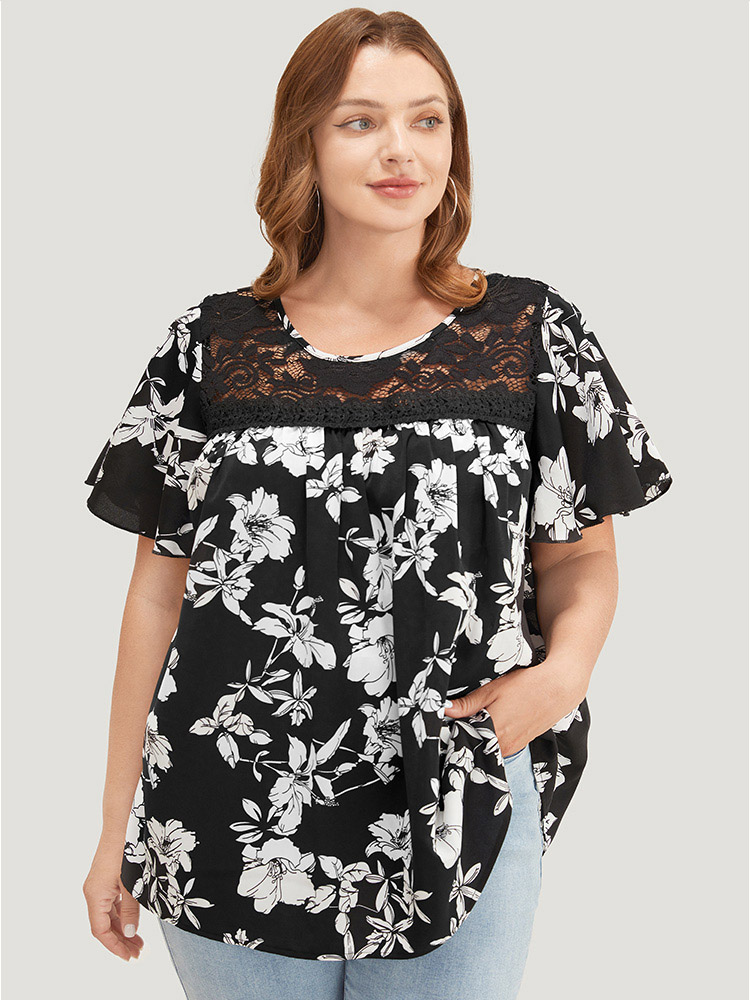 Plus Size Women Dailywear Plants Printed Regular Sleeve Short sleeve Round Neck Elegant Blouses BloomChic 