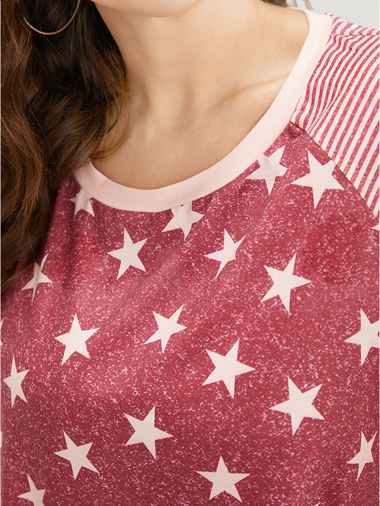 

Plus Size Star Patchwork Striped Raglan Sleeve T-shirt Russet Women Casual Moon and Star Round Neck Dailywear T-shirts BloomChic