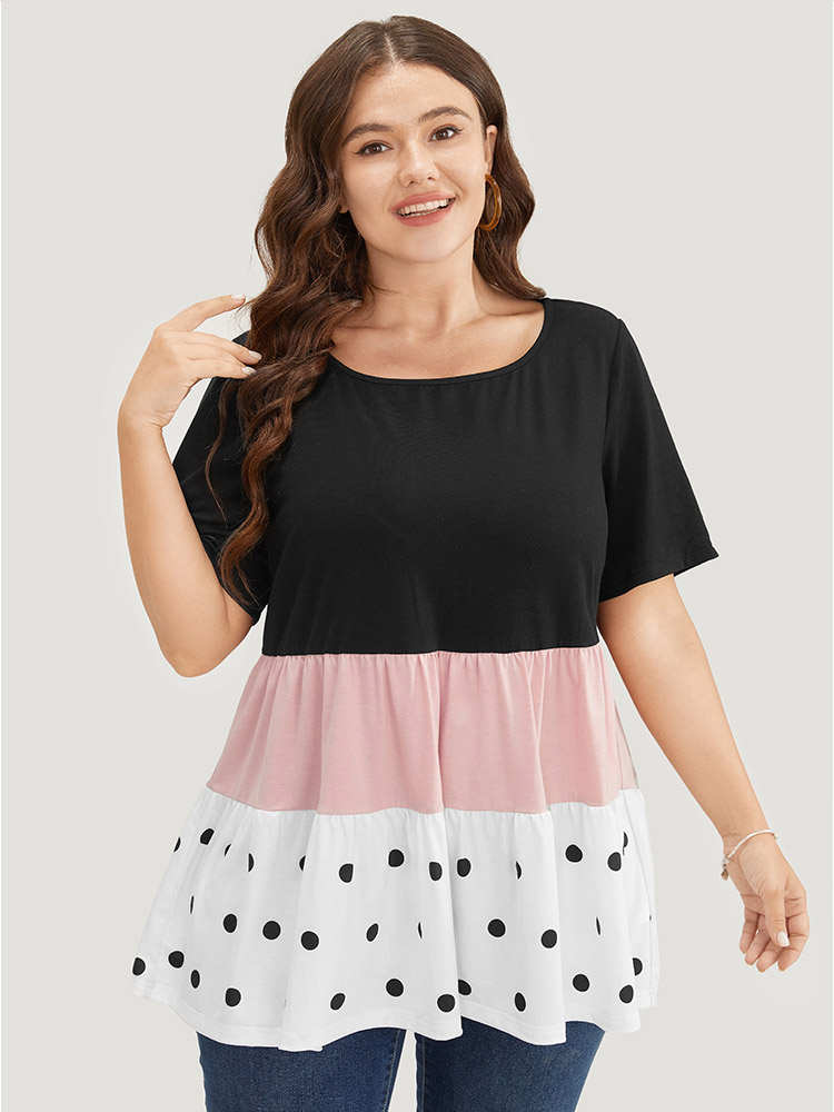 

Plus Size Colorblock Contrast Ruffle Tiered Polka Dot T-shirt Black Round Neck Short sleeve Elegant Jersey Tops