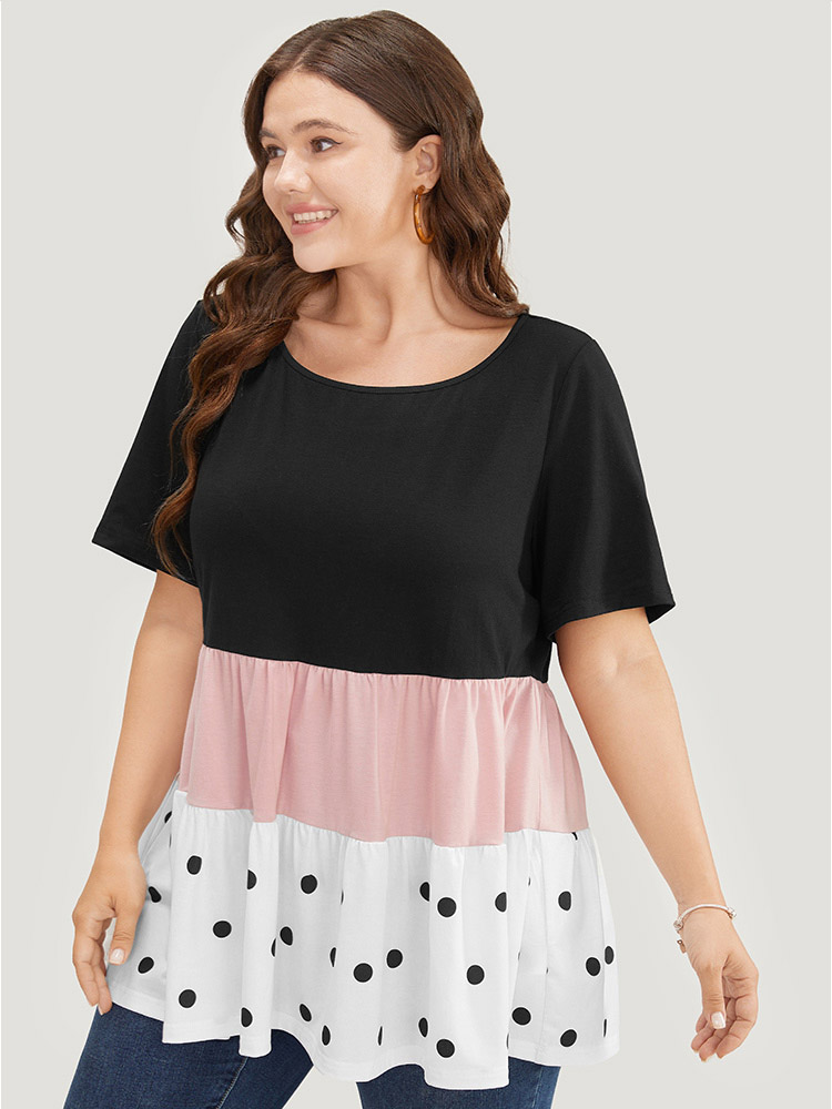 

Plus Size Colorblock Contrast Ruffle Tiered Polka Dot T-shirt Black Round Neck Short sleeve Elegant Jersey Tops