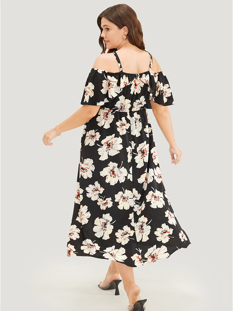 

Plus Size Floral Pocket Ruffle Trim Halter Neck Dress Black Women Elegant Lined Halter neck Short sleeve Curvy Midi Dress BloomChic