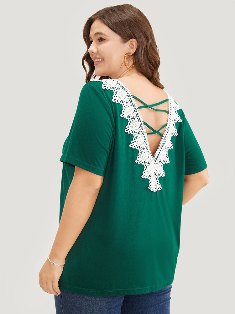 Plus Size Women Dailywear Plain Lace Regular Sleeve Short sleeve Round Neck Elegant T-shirts BloomChic 