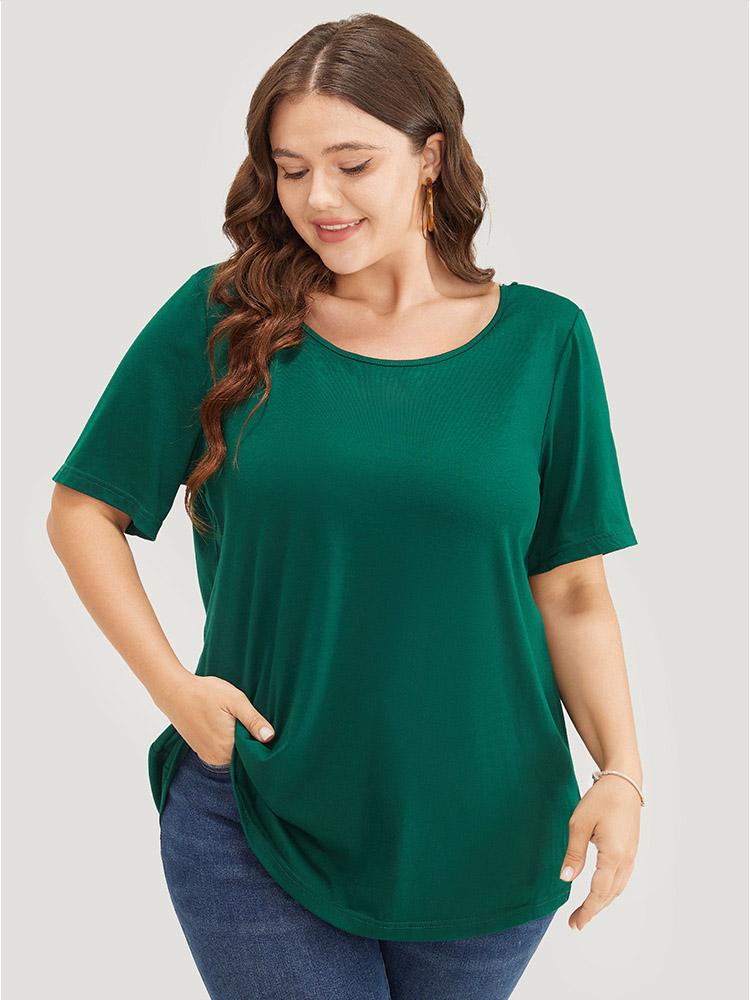 Plus Size Women Dailywear Plain Lace Regular Sleeve Short sleeve Round Neck Elegant T-shirts BloomChic 