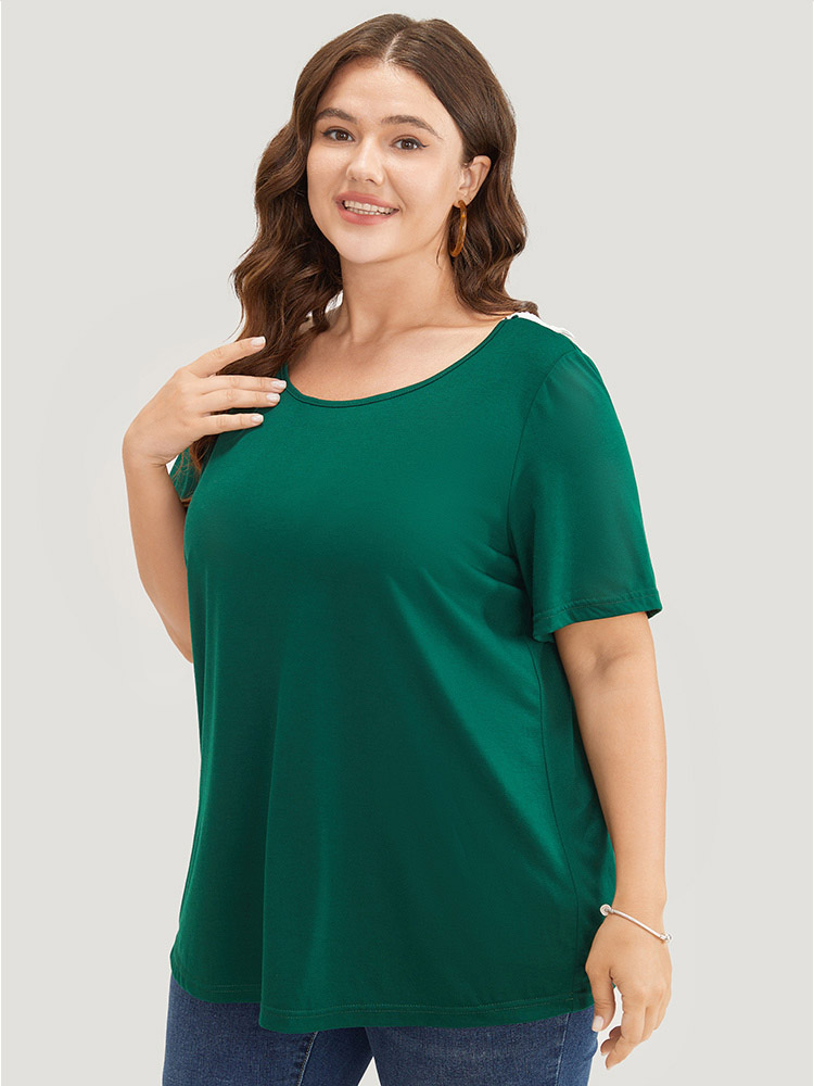 Plus Size Women Dailywear Plain Lace Regular Sleeve Short sleeve Round Neck Elegant T-shirts BloomChic 