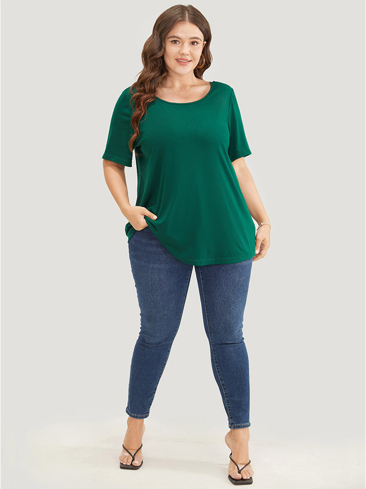 Plus Size Women Dailywear Plain Lace Regular Sleeve Short sleeve Round Neck Elegant T-shirts BloomChic 