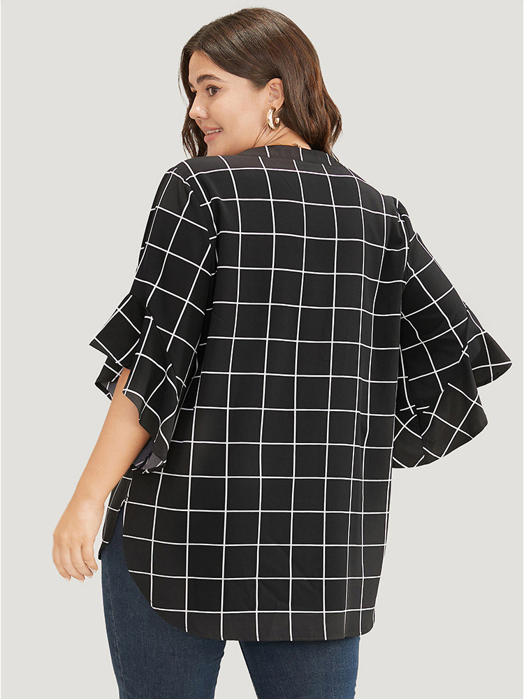 Plus Size Women Work Plaid Ruffles Ruffle Sleeve Elbow-length sleeve Notched collar Office Blouses BloomChic 