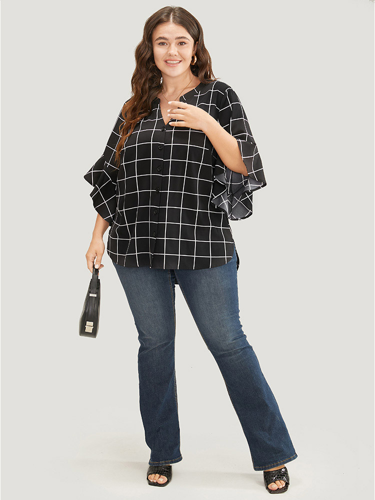 Plus Size Women Work Plaid Ruffles Ruffle Sleeve Elbow-length sleeve Notched collar Office Blouses BloomChic 