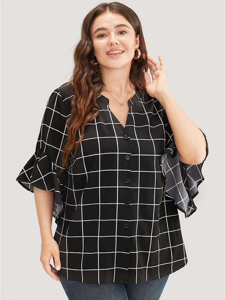 Plus Size Women Work Plaid Ruffles Ruffle Sleeve Elbow-length sleeve Notched collar Office Blouses BloomChic 