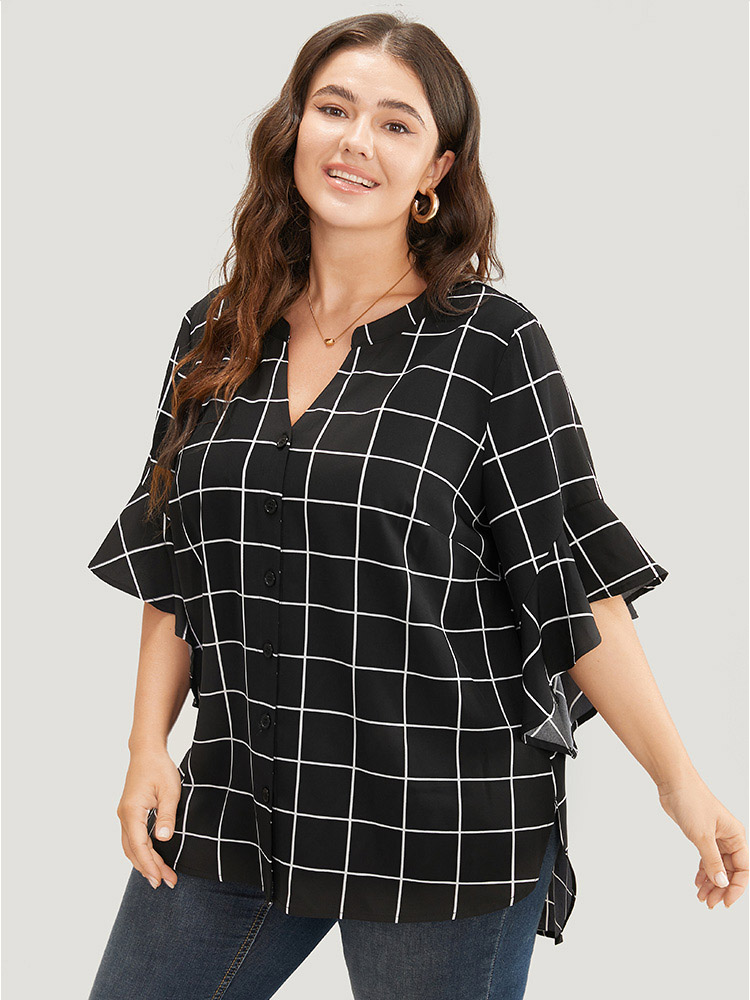 Plus Size Women Work Plaid Ruffles Ruffle Sleeve Elbow-length sleeve Notched collar Office Blouses BloomChic 
